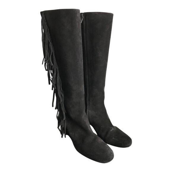 Saint Laurent Boots Womens US10 EU40 Black Suede Fringe Zip-Up 3" Heels - Picture 1 of 8